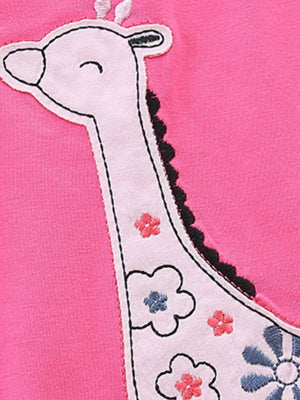 Pink cotton toddler bikini with giraffe applique and floral embroidery.
