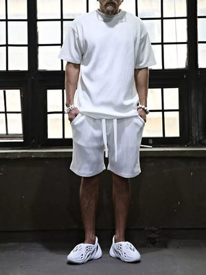 White men's casual shorts with drawstring and pockets