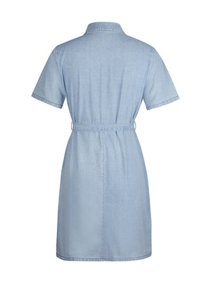 Light wash denim mini dress with short sleeves, collared neckline, and matching belt.