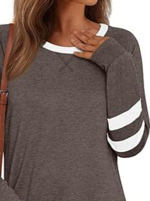 Heathered t-shirt in coffee brown with white contrast neckline and striped sleeves.