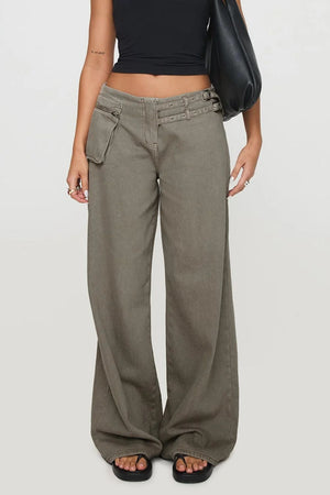 Utility buckle flared denim trousers in dark gray with a cargo pocket detail.