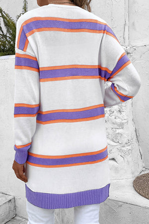 Colorblock stripe knit cardigan with purple and orange stripes on white.