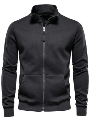Dark gray track jacket with full zip, stand collar, and side stripe detail.