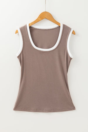 Mocha ribbed scoop neck tank top with white contrast trim