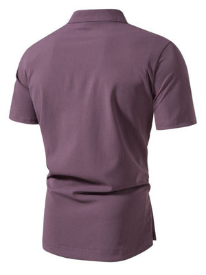Men's mauve cotton band collar short sleeve shirt with button detail