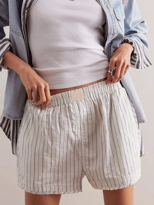 Sky Stripe Boxer Shorts in white with navy pinstripes, elastic waistband, and breathable fabric.