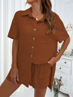 Brown linen resort shirt and shorts set with button front and chest pocket.