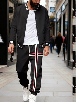 Men's black tracksuit with white and red stripe accents on pants and jacket sleeves.