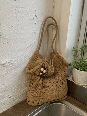 Knit Crochet Handbag in Brown, front view