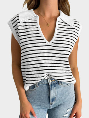 White and black striped ribbed knit polo vest with a V-neck and collar