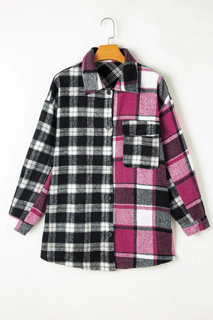 Colorblock plaid oversized shacket with button front and chest pocket.