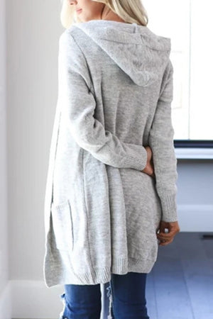 Light gray heathered knit open cardigan with hood and pockets.