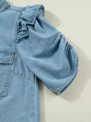 Light wash denim shirt with ruffled short sleeves and ruched cuffs.