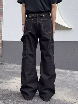 Men's dark wash 100% cotton wide leg jeans with utility pockets and a vintage buckle back.