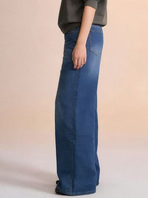 Maternity wide-leg jeans in blue denim with a high waist and cutout detail.