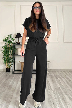 Black relaxed fit tee and wide leg pants set with drawstring waist