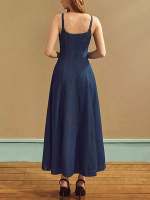 Square Neck A-line Denim Dress, model styling view