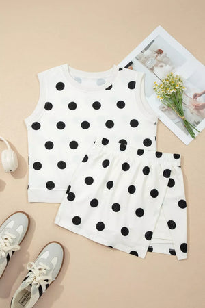 White polka dot ribbed trim two-piece set with a sleeveless top and skirt.