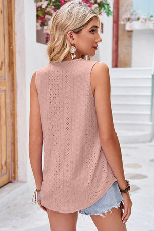 Dusty pink lace trim eyelet v-neck tank top with a curved hem.