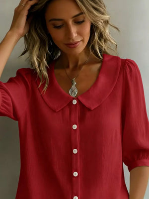 Red button-down shirt with Peter Pan collar and puff sleeves
