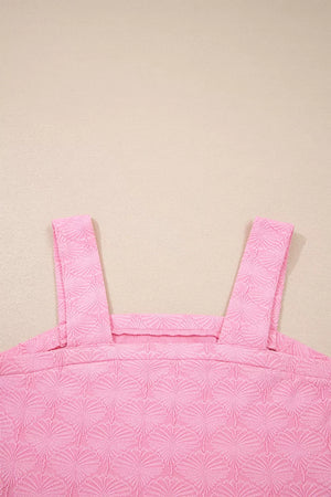 Pink textured square neck tank top with wide straps and a fan pattern.