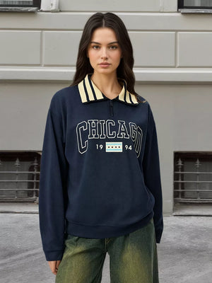 Graphic Sweatshirt With Striped Collar in Dark Blue, close-up detail
