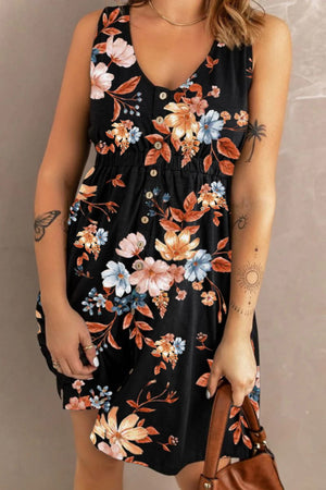 Black floral sleeveless midi dress with V-neck and button front