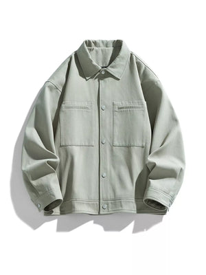 Oversized casual snap jacket in Salt Gray Green with two chest pockets and snap button closure.