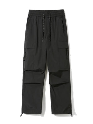 Black loose fit cargo pants with drawstring waist and multiple pockets.