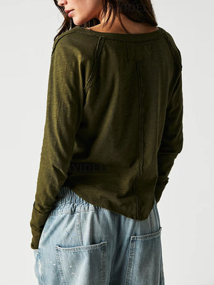 Army green distressed long sleeve tee with slouchy fit and subtle logo detail.