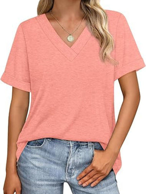 Pink v-neck t-shirt with cuffed short sleeves and a relaxed fit.