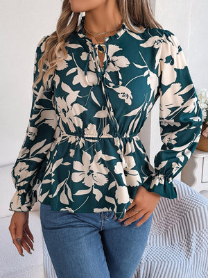 Deep Teal floral peplum blouse with ruffled neck and tie detail