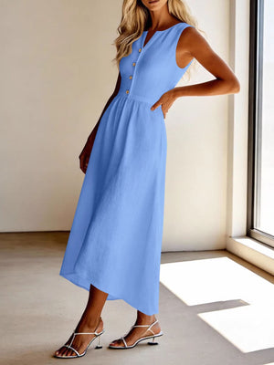 Sky blue sleeveless button front midi dress with a-line skirt.