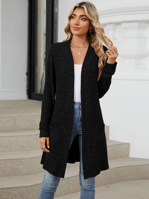 Black ribbed knit duster cardigan with open front and pockets