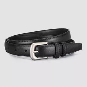 Black cowhide leather belt with silver buckle