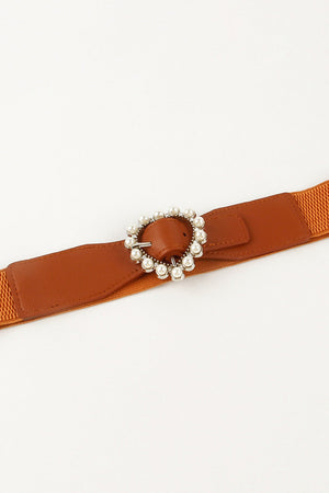 Caramel stretch belt with pearl-embellished heart buckle and faux leather detail