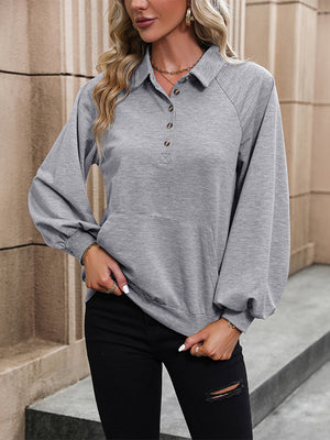 Grey polo neck sweatshirt with button detail and raglan sleeves