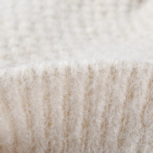 Textured knit beanie in white with fuzzy yarn detail