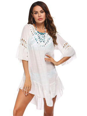 White lace-trimmed cover-up with crochet neckline and bell sleeves