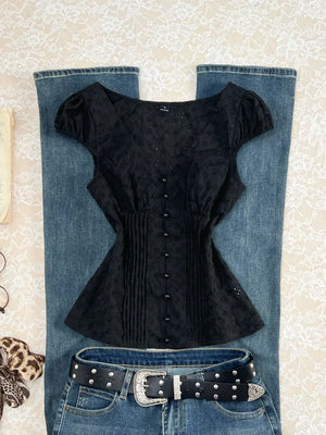 Lace V-neck Cap Sleeve Blouse, back view