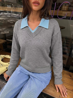Contrast Collar Dropped Shoulder Sweater in Gray, close-up detail