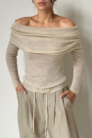 Off-the-shoulder ribbed knit top in Khaki with draped neckline and long sleeves.