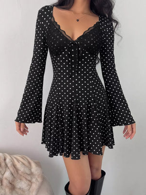 Polka Dot Lace Trimmed V-neck Mini Dress, close-up detail