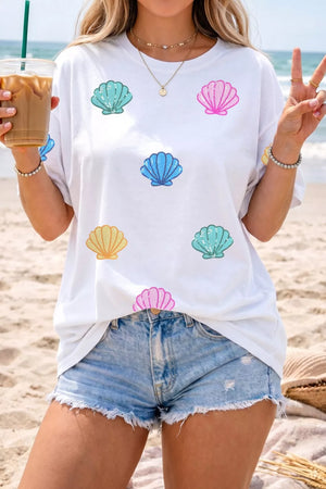 White polyester t-shirt with colorful sequin shell graphic print, crew neck, short sleeves.