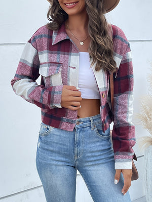Checked plaid shacket with patch pockets in deep purple and white, buttoned front, collared neckline.