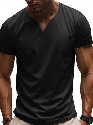 Black cotton t-shirt with notched V-neck and short sleeves.