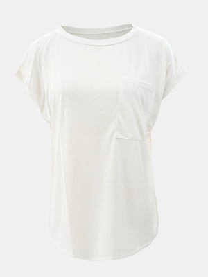 White relaxed fit t-shirt with cap sleeves and a chest pocket.