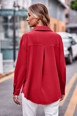 Oversized utility shirt in deep red with a pleated back detail.