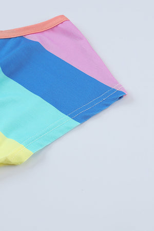 Rainbow stripe romper with elastic waist and peach trim detail