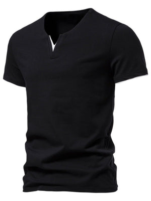 Men's black cotton slim fit tee with notched V-neck and short sleeves.
